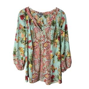Figueroa & Flower Blouse Size Large Top 3/4 Sleeves Floral Paisley Slit V-Neck